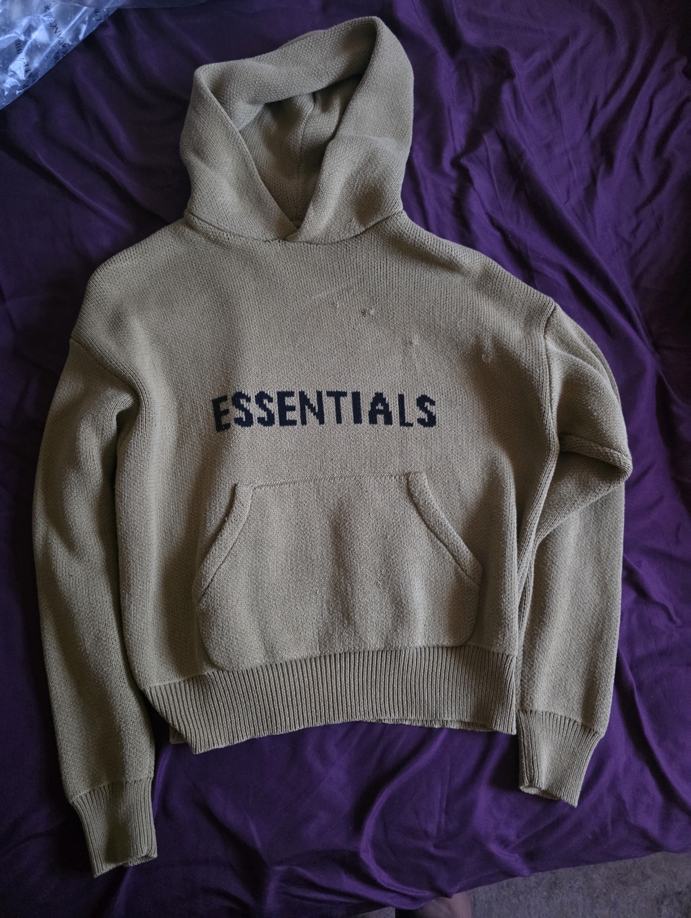 FEAR OF GOD Essentials Hooded Knit Sweater in Beige with BLACK Logo Size MEDIUM